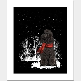 Christmas Black Mini Poodle With Scarf In Winter Forest Posters and Art